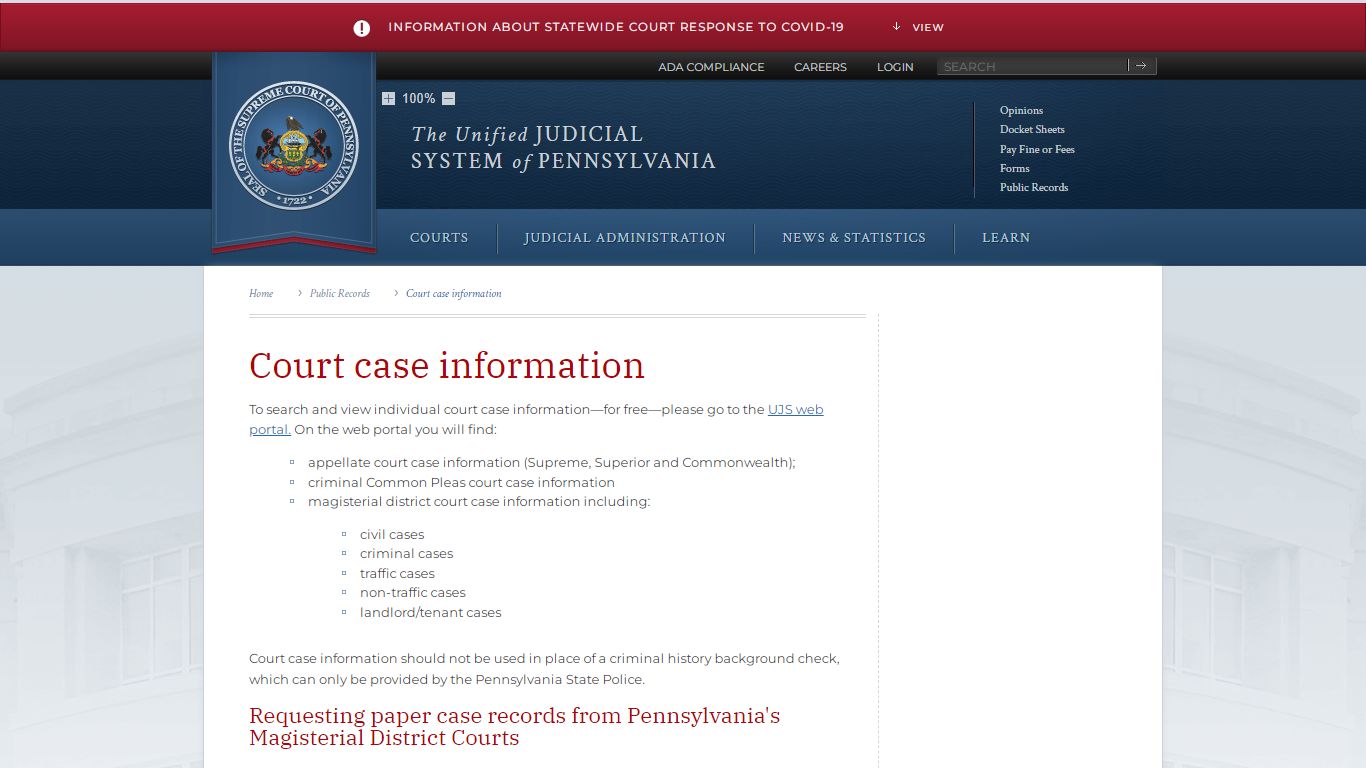 Court case information | Public Records - Judiciary of Pennsylvania